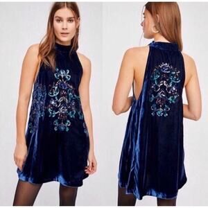 FREE PEOPLE Blue Jill's Sequin Velvet Halter Swing Mini Dress Sz S Skull Pattern